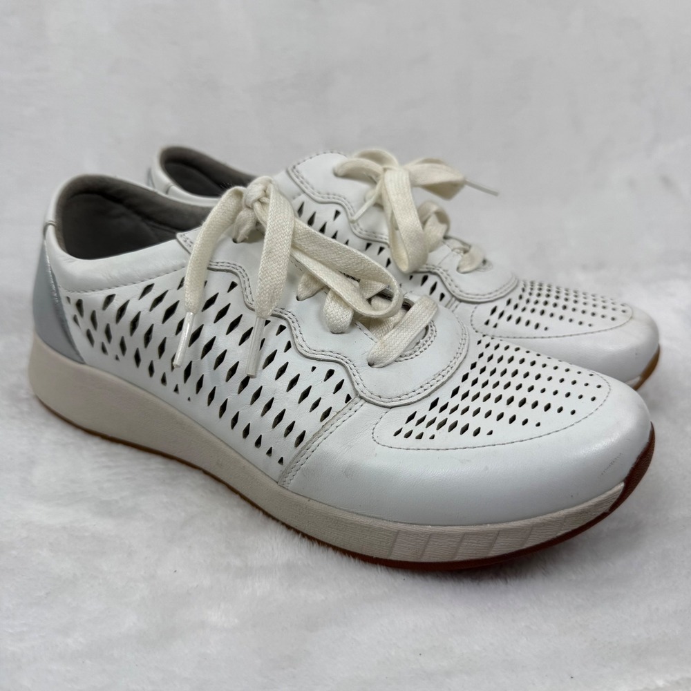 Dansko Charlie White Leather Perforated Lace Up Sneakers Silver Heel Womens 39